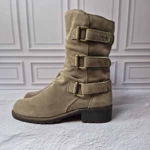 Clarks Womens Taupe Suede Mid Calf Triple Buckle Slouch Moto Boots Size 9